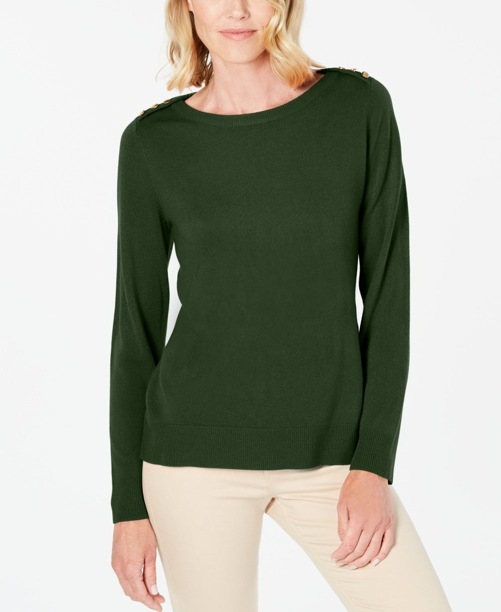 Karen Scott Women's Button Shoulder Sweater  Green Size Petite Large