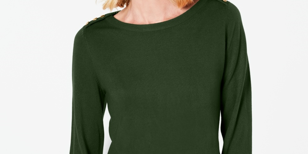 Karen Scott Women's Button Shoulder Sweater  Green Size Petite Large
