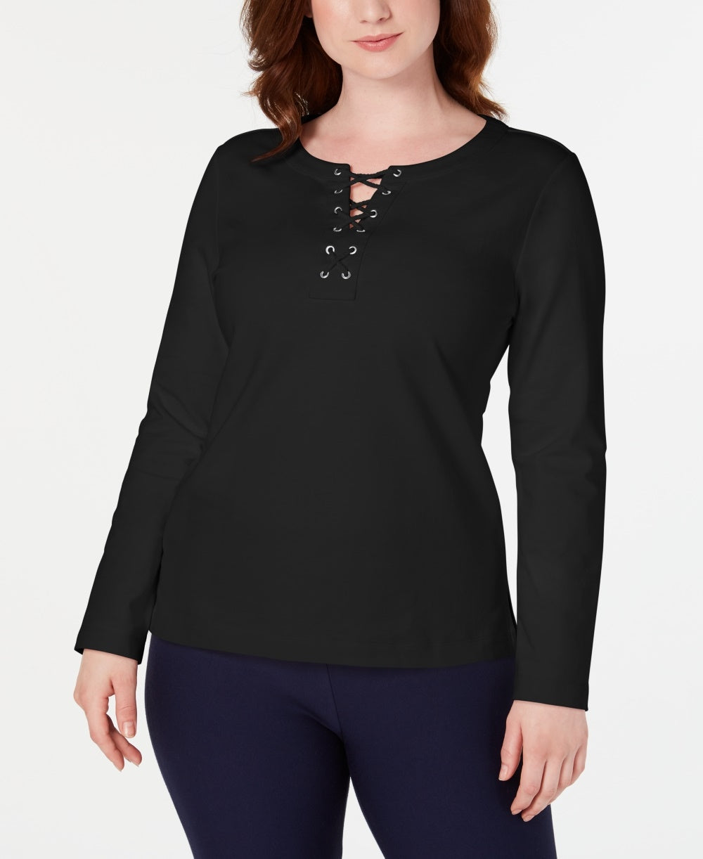 Karen Scott Women's Sport Lace Up Sweatshirt Black Size X-Small