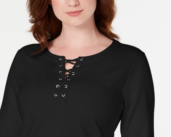 Karen Scott Women's Sport Lace Up Sweatshirt Black Size X-Small