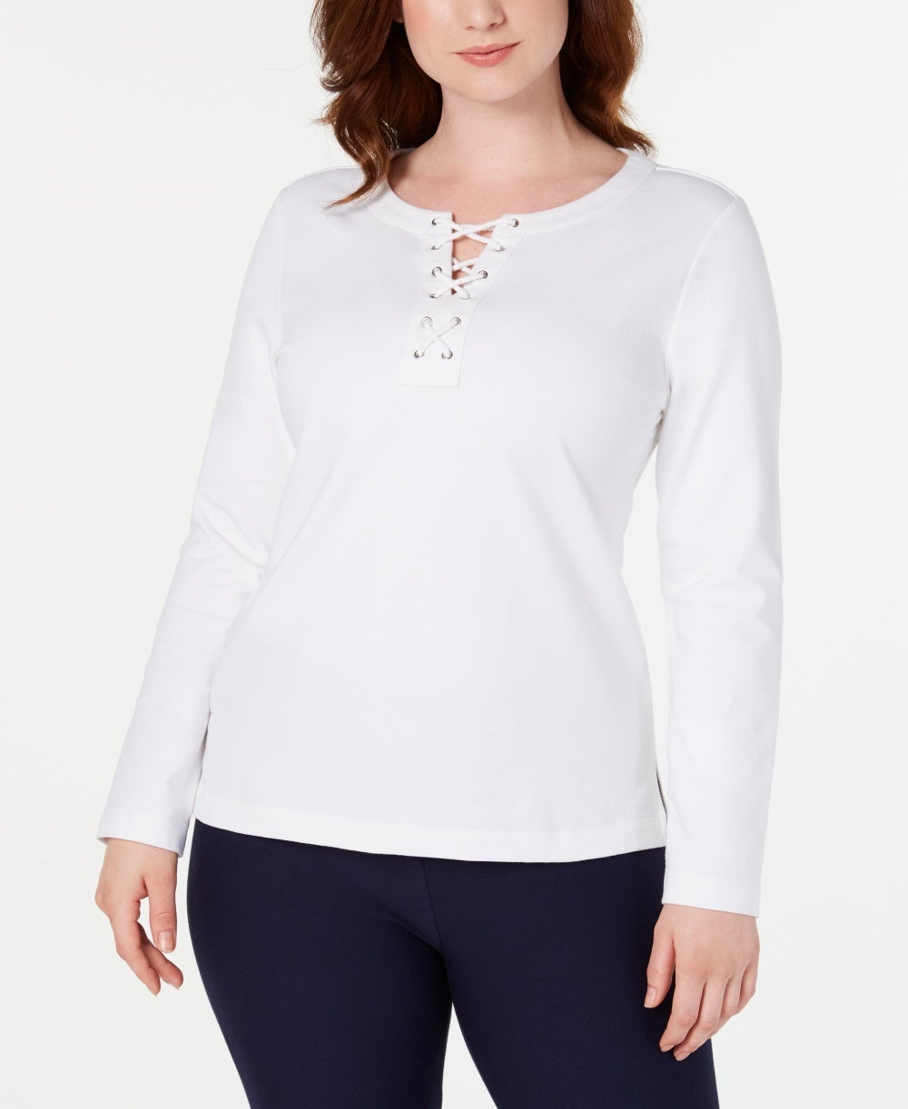 Karen Scott Women's Sport Lace-Up Sweatshirt White Size X-Large
