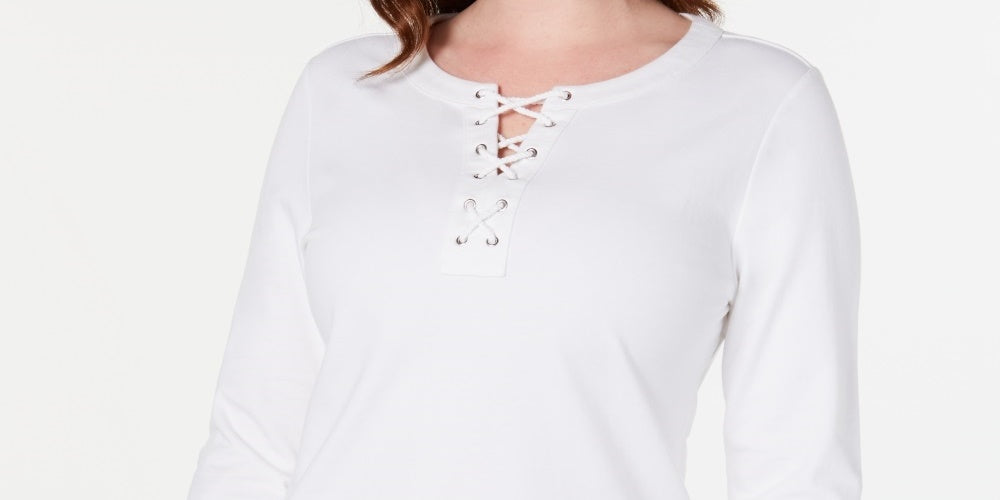 Karen Scott Women's Sport Lace-Up Sweatshirt  White Size XX Large