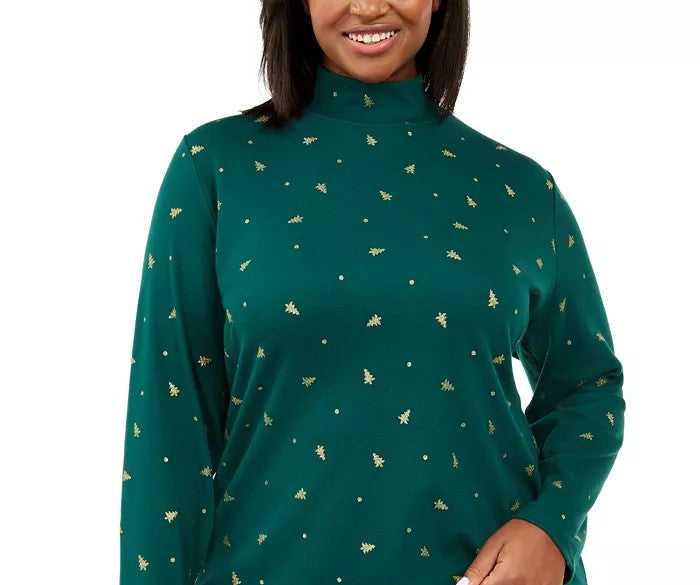 Karen Scott Women's Plus Size Tree Printed Mock-Neck Top Bright Green Size 0X