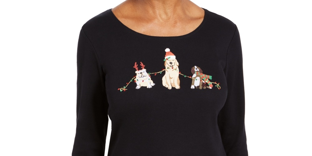 Karen Scott Women's Embroidered Holiday Dog Shirt  Black Size XX-Large
