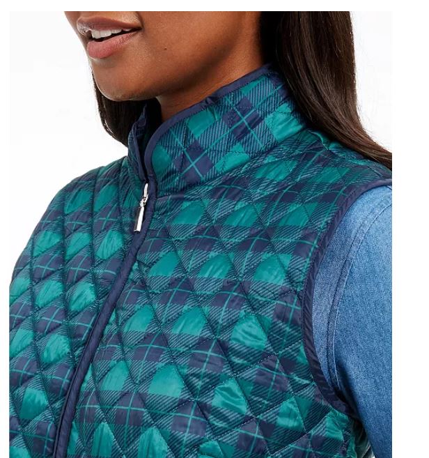 Karen Scott Women's Sport Plaid Puffer Vest Navy Size Large