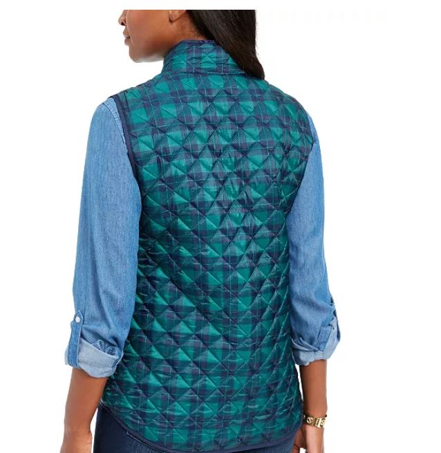 Karen Scott Women's Sport Plaid Puffer Vest Navy Size Large