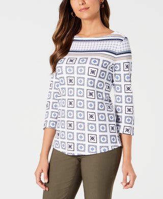 Charter Club Women's New Orleans Boat Cotton Printed Top White Size Small