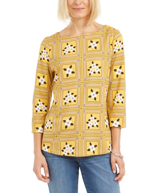 Charter Club Women's Tile-Print Top Gold Size Medium
