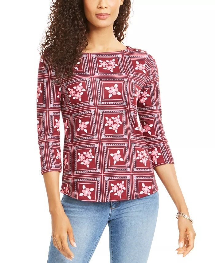 Charter Club Women's Printed 3/4 Sleeve Cotton Top Red Size Petite Large