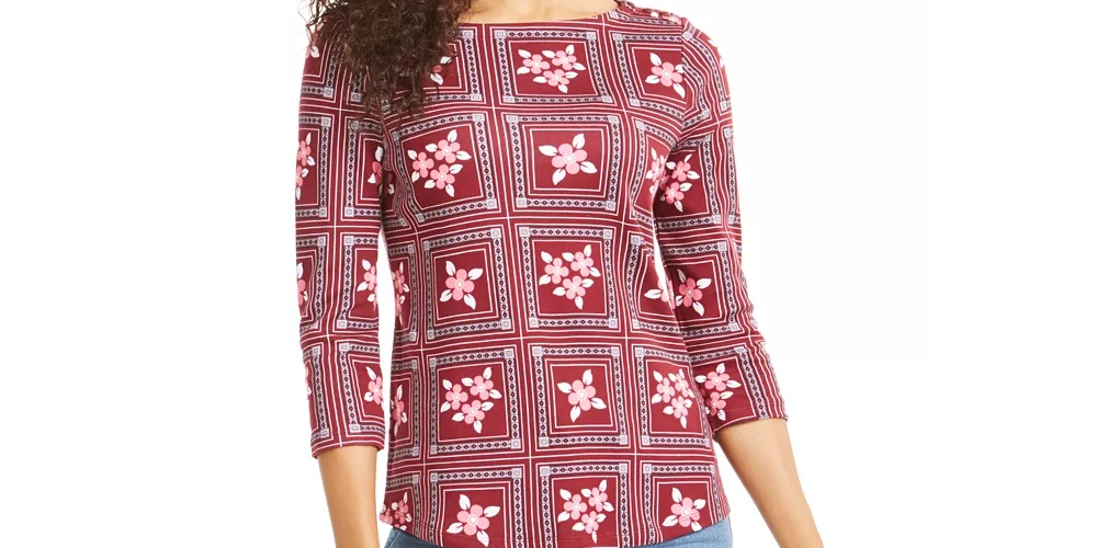 Charter Club Women's Printed 3/4 Sleeve Cotton Top  Red Size Petite X-Large