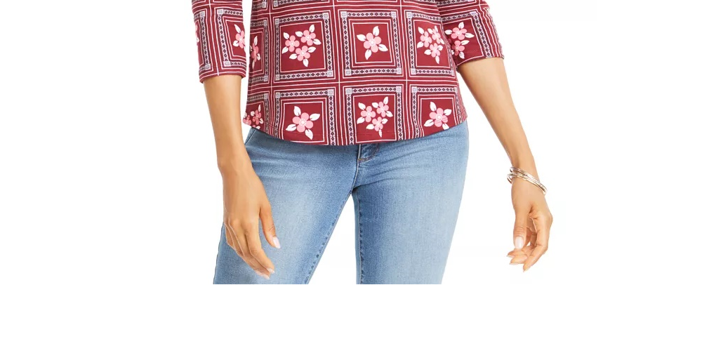 Charter Club Women's Printed 3/4 Sleeve Cotton Top  Red Size Petite X-Large