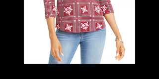 Charter Club Women's Printed 3/4 Sleeve Cotton Top  Red Size Petite X-Large