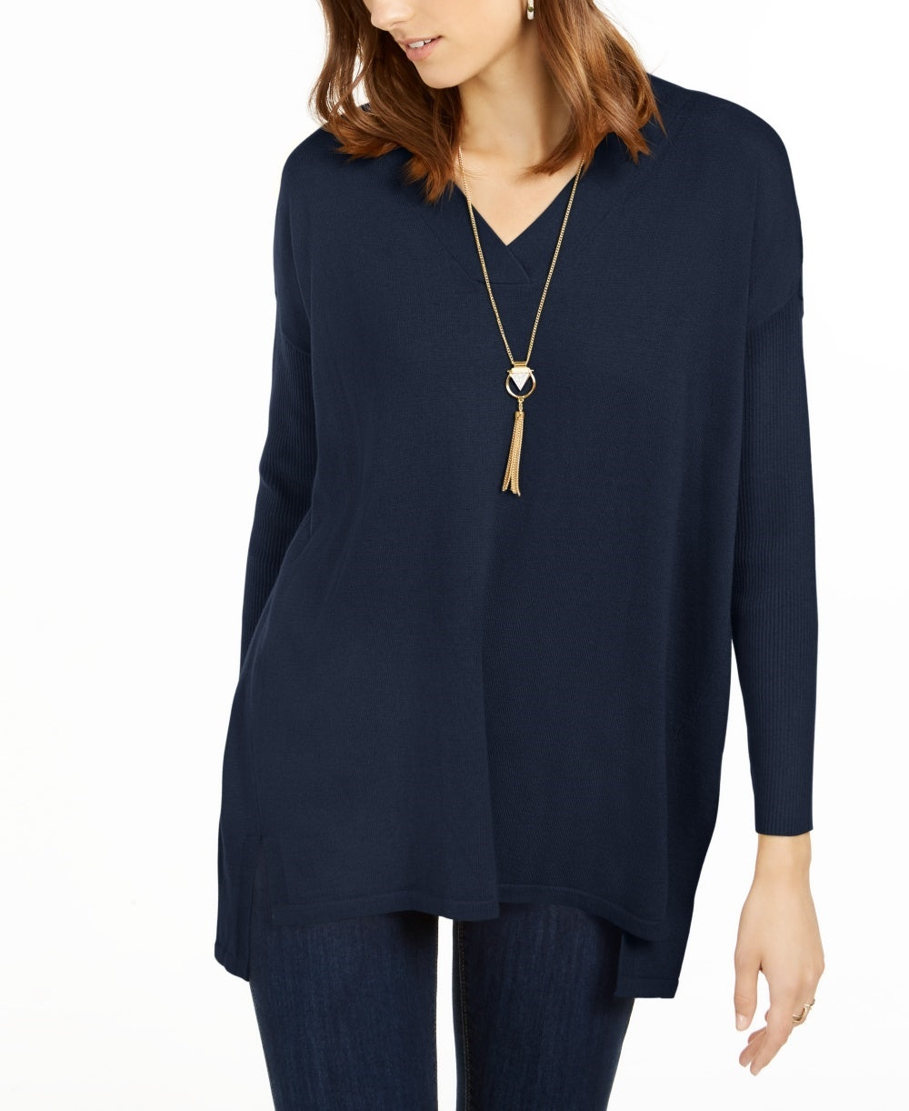 Style & Co Women's V-Neck Tunic Sweater Navy Size Small