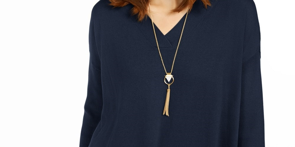 Style & Co Women's V-Neck Tunic Sweater Navy Size Small