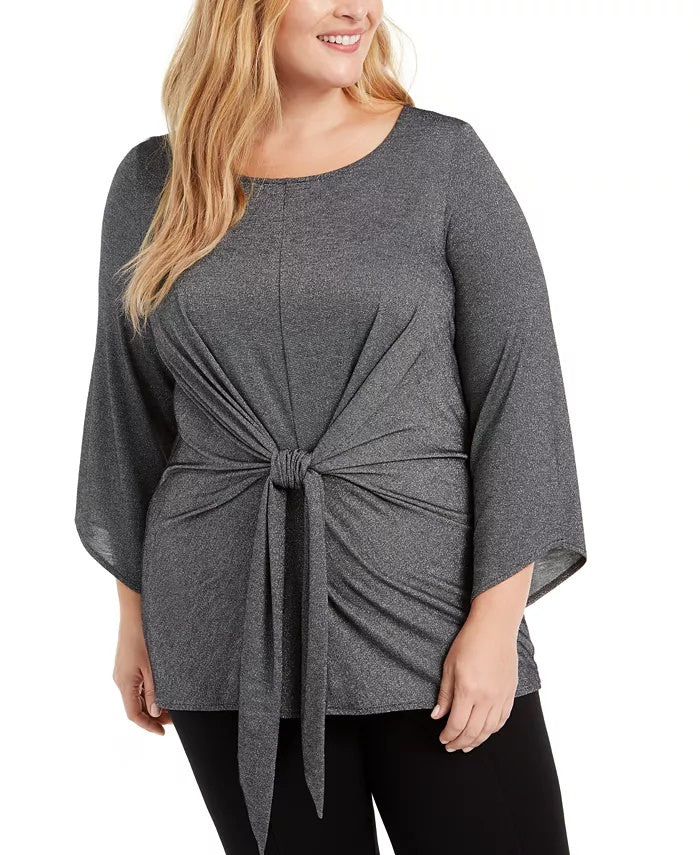Alfani Women's Plus Size Metallic Tie-Front Top  Dark Gray Size 1X
