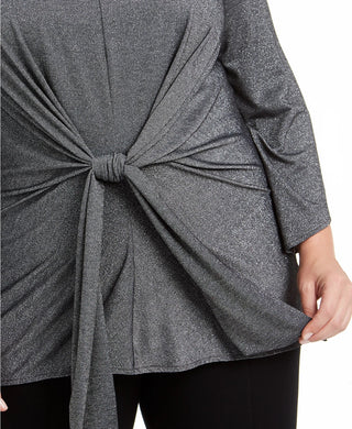 Alfani Women's Plus Size Metallic Tie-Front Top  Dark Gray Size 1X