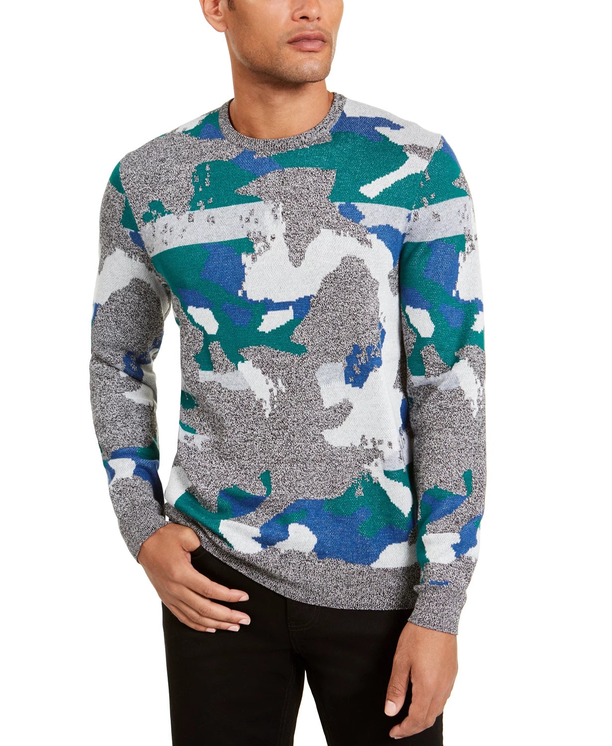 Alfani Men's Abstract Jacquard Crewneck Sweater Green Size Medium