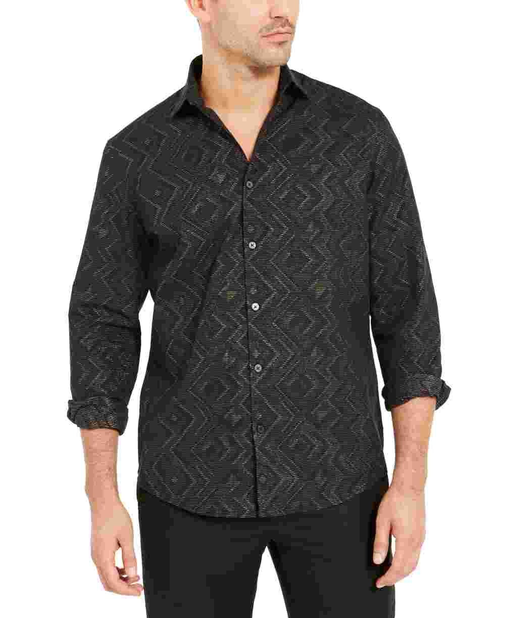 Alfani Men's Shirt Button Front Metallic Chevron S Black Size Small