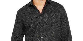 Alfani Men's Shirt Button Front Metallic Chevron S Black Size Small