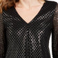 Alfani Women's Metallic Print Smocked Sleeve Top  Black Size Small