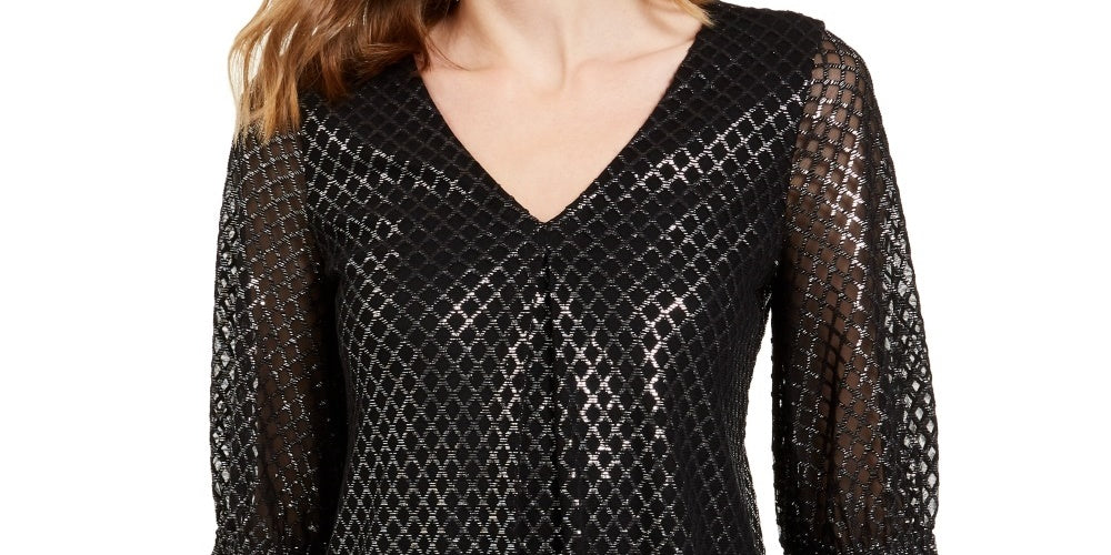 Alfani Women's Metallic Print Smocked Sleeve Top  Black Size Small
