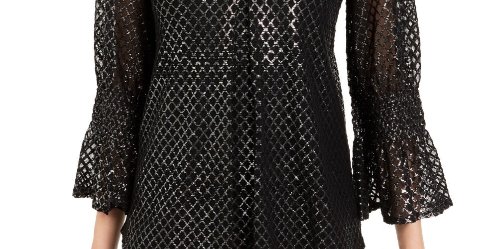 Alfani Women's Metallic Print Smocked Sleeve Top  Black Size Small