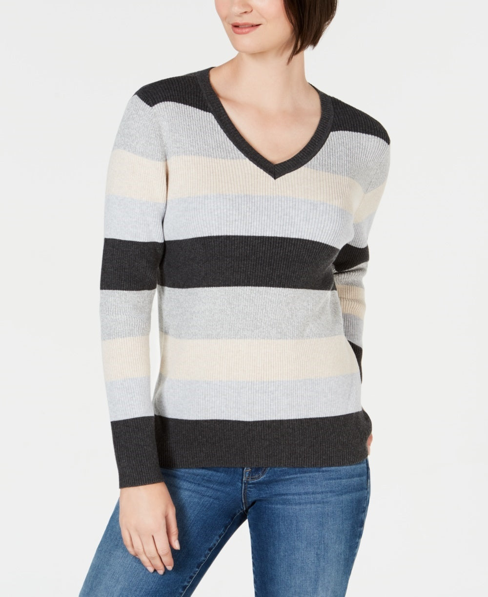 Karen Scott Women's Colorblocked V-Neck Cotton Sweater Brown Size Medium