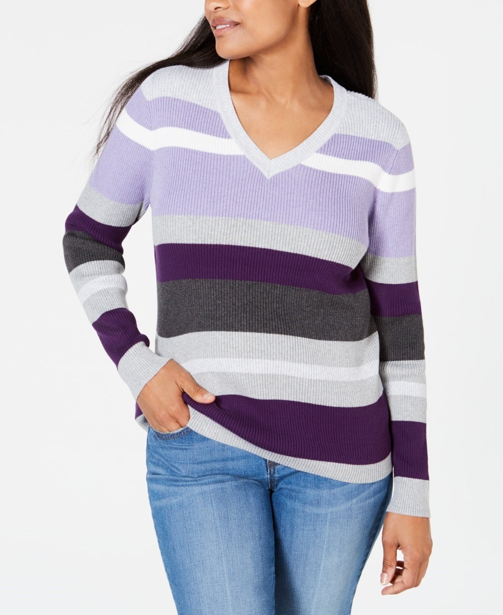Karen Scott Women's Ribbed V Neck Cotton Sweater Purple Size XX-Large