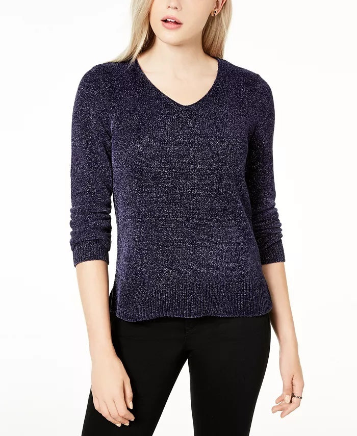 Maison Jules Women's Metallic V-Neck Sweater Navy Size XX-Large