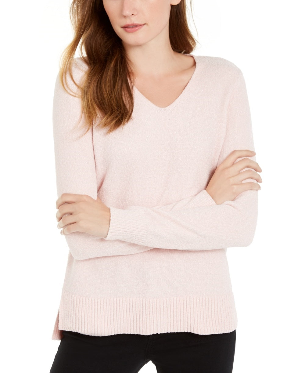 Maison Jules Women's Chenille V Neck Pullover Sweater Pink Size Small