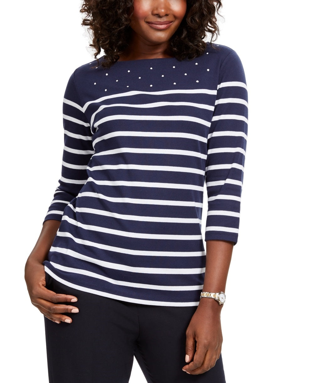 Karen Scott Women's Striped Boatneck T-Shirt Blue Size Petite Large