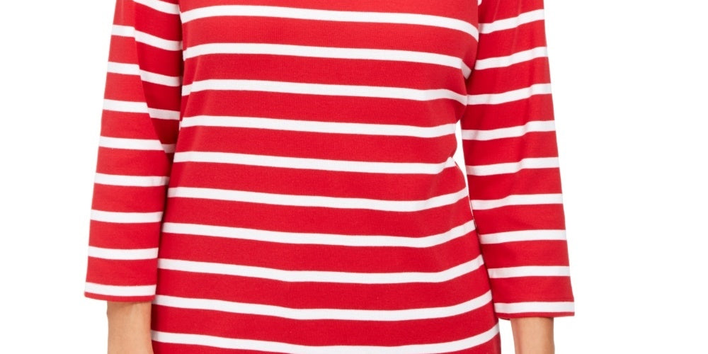 Karen Scott Women's Petite Striped Boatneck T-Shirt Red Size Medium