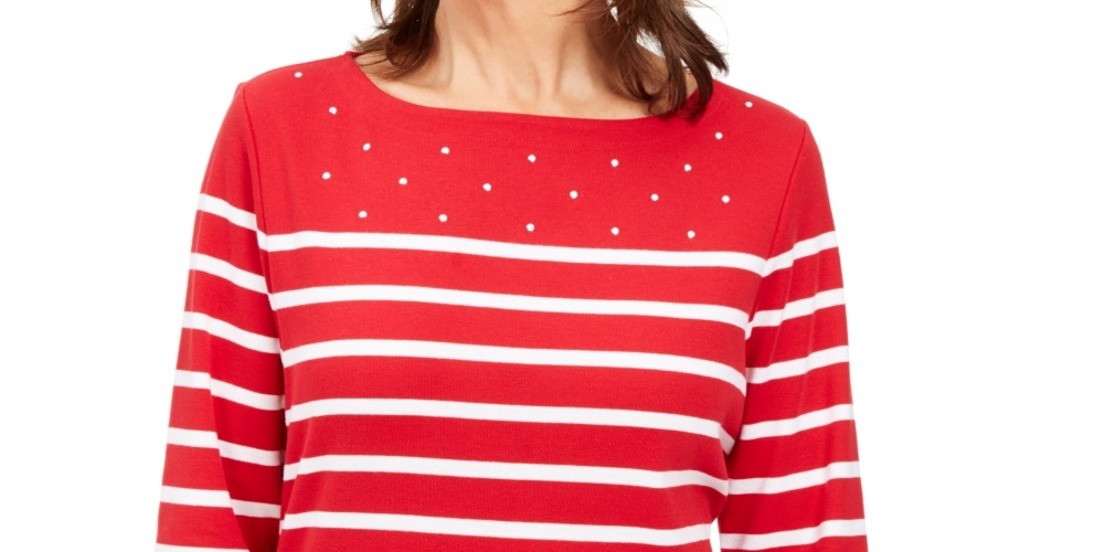 Karen Scott Women's Striped Boatneck T-Shirt Red Size Petite Small-Medium