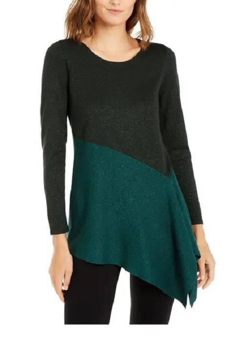 Alfani Women's Asymmetrical Colorblocked Shimmer Top Green Size Medium