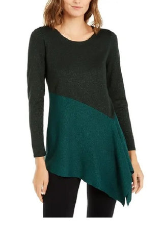 Alfani Women's Asymmetrical Colorblocked Shimmer Top Green Size Medium
