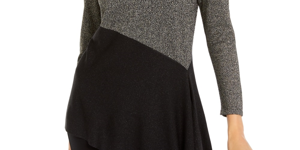Alfani Women's Petite Colorblocked Asymmetrical Sweater Black Size Petite Large