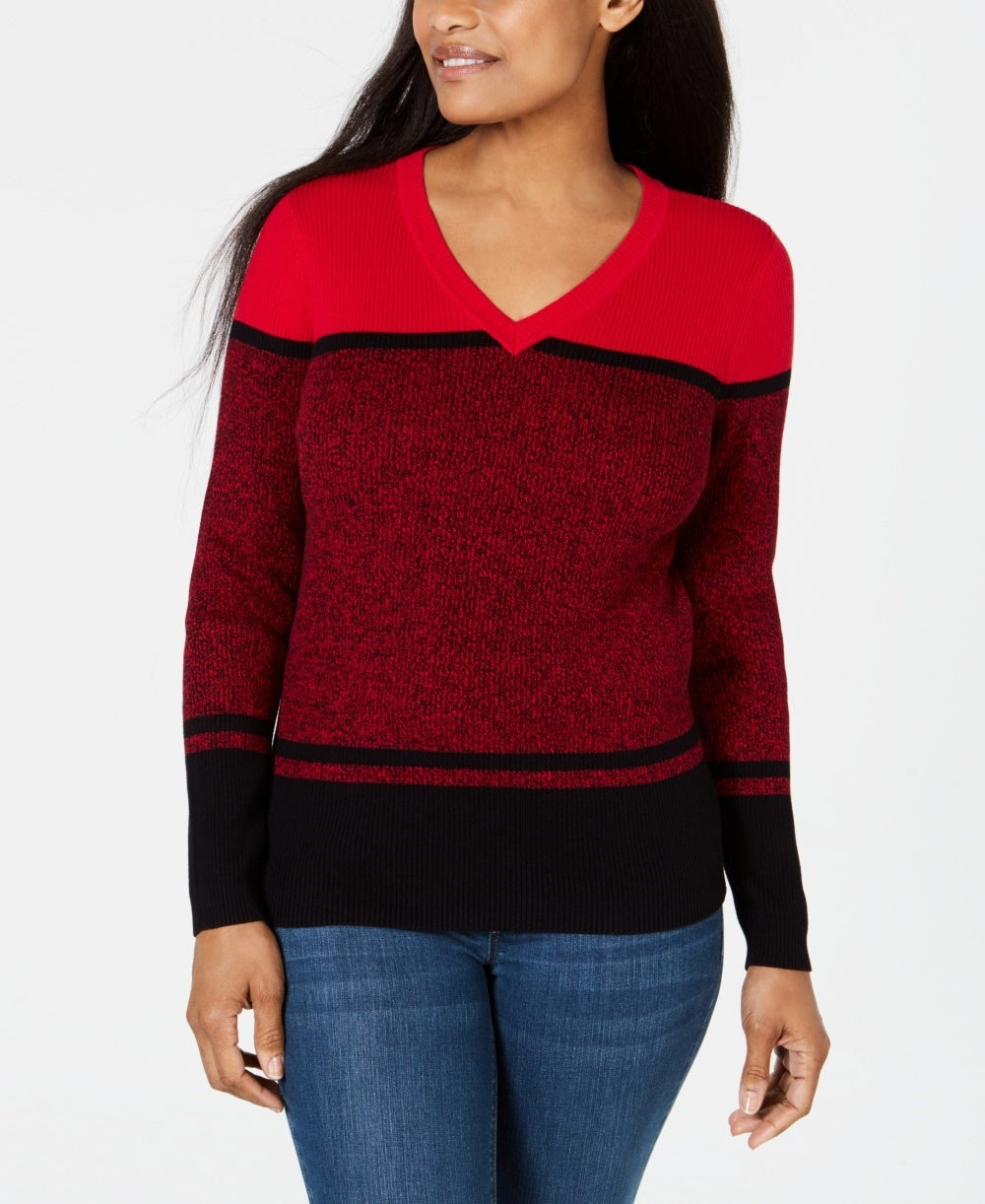 Karen Scott Women's Striped V Neck Cotton Sweater Red Size X-Large