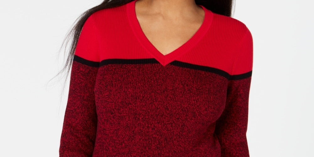 Karen Scott Women's Striped V Neck Cotton Sweater Red Size X-Large