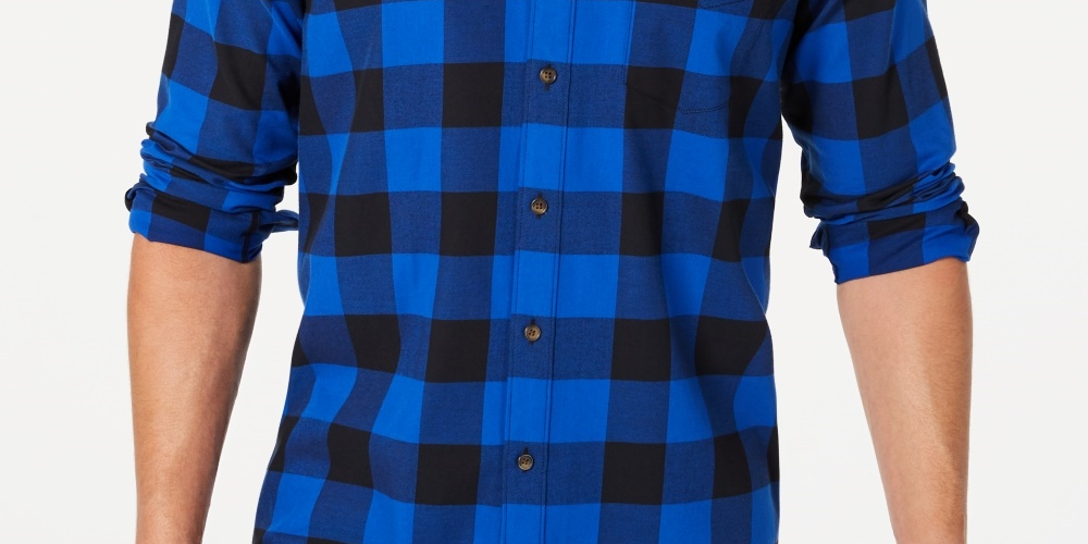 Club Room Men's Stretch Brushed Cotton Plaid Flannel Shirt Navy Size Small