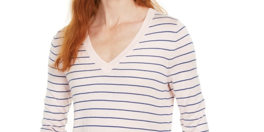 Maison Jules Women's Skinny-Striped Pullover Sweater Pink Size Large