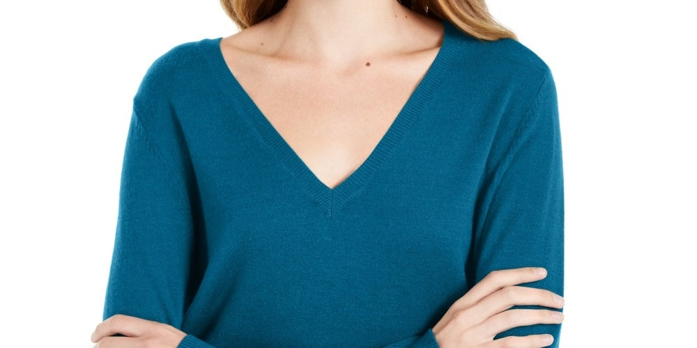 Maison Jules Women's V Neck Sweater Blue Size Large