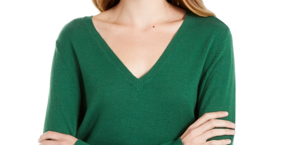 Maison Jules Women's V-Neck Sweater  Green Size Large