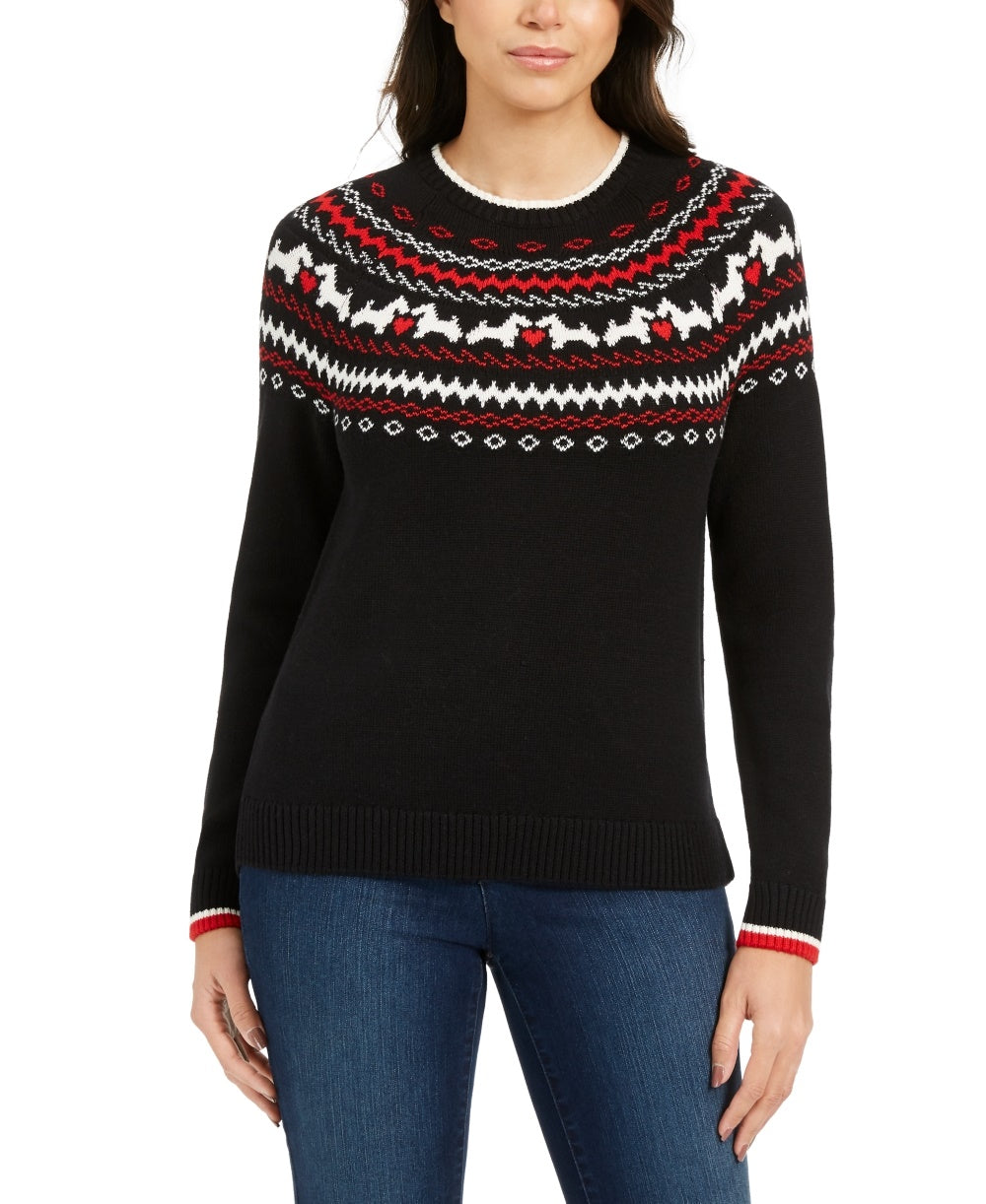 Charter Club Women's Fair Isle Crewneck Sweater Black Size Petite X-Large