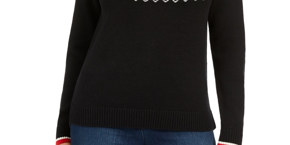 Charter Club Women's Fair Isle Crewneck Sweater Black Size Petite X-Large