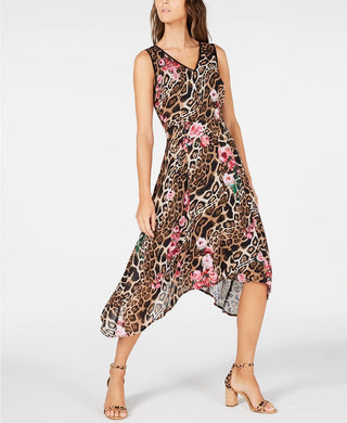 INC International Concepts Women's Brown Printed Sleeveless V Neck Midi Trapeze Dress Gold Size 16