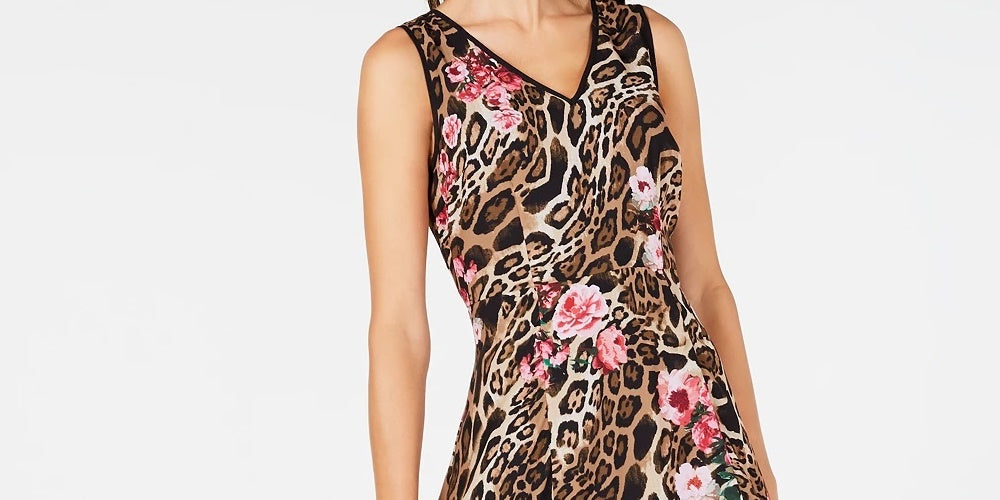 INC International Concepts Women's Brown Printed Sleeveless V Neck Midi Trapeze Dress Gold Size 16