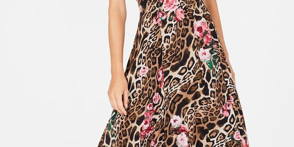 INC International Concepts Women's Beige Printed Sleeveless V Neck Midi Trapeze Dress Gold Size 4