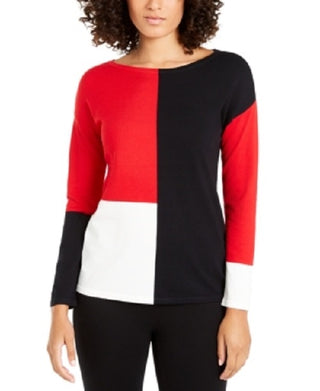 Alfani Women's Colorblocked Dropped-Shoulder Top  Red Size Small