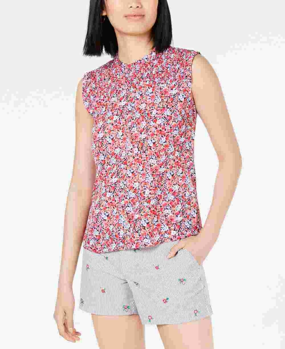 Maison Jules Women's Sleeveless Printed Smocked-Neck Top Navy Size Small