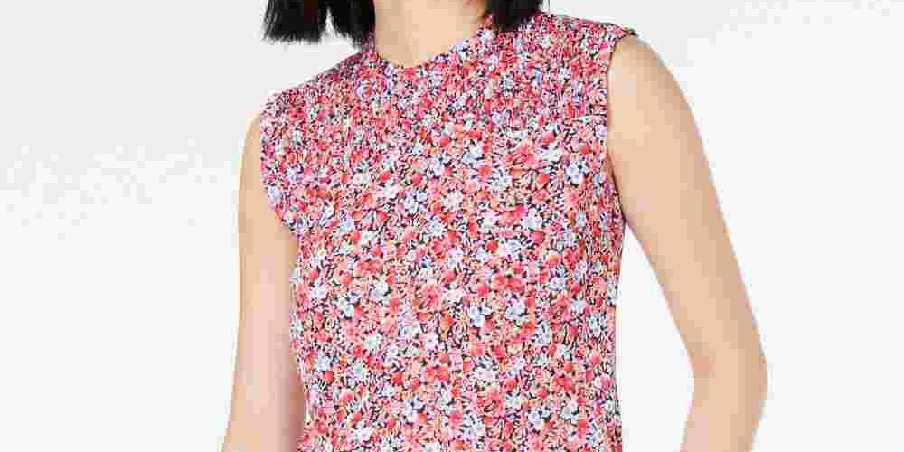 Maison Jules Women's Sleeveless Printed Smocked-Neck Top Navy Size Small